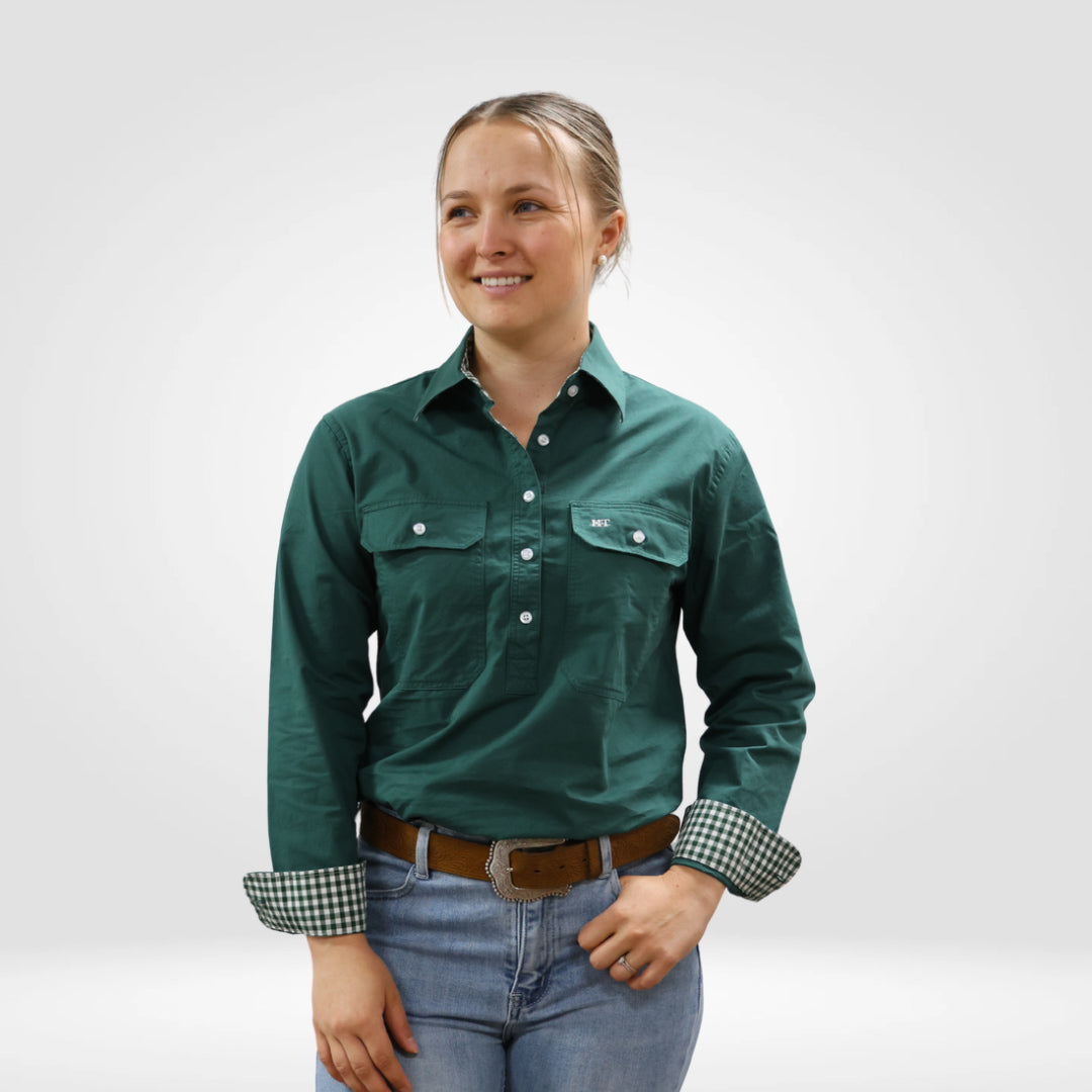 Women's Emerald Green Workshirt | Long Sleeve & Cotton | HT Hide to Tide Women's Emerald Green Workshirt | Long Sleeve & Cotton | HT Hide to Tide