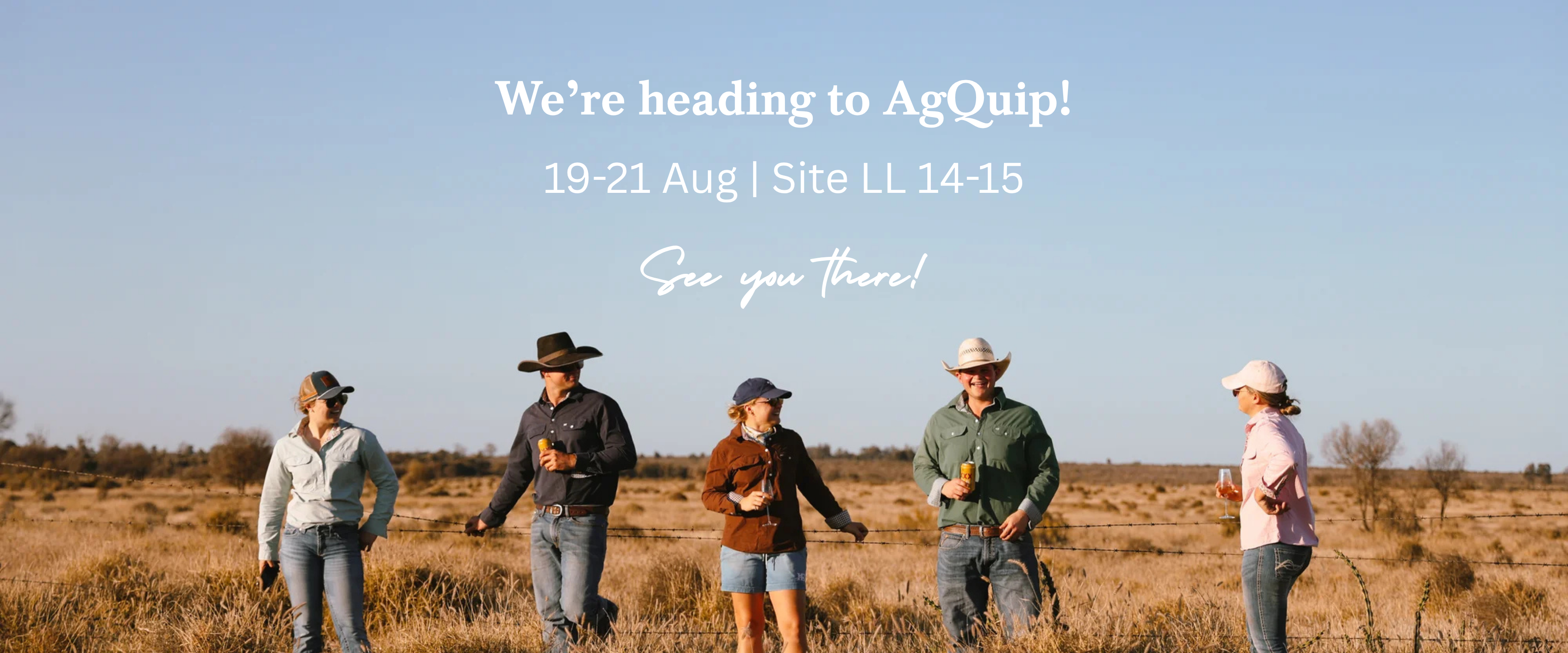 Group of people standing in a field with promotional text for AgQuip event.